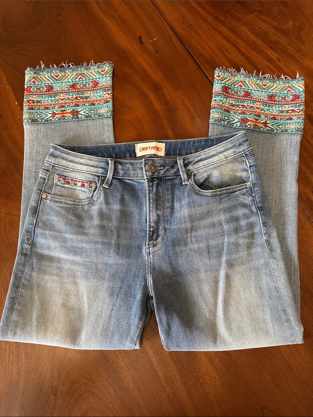 DRIFTWOOD Light Blue Denim Ankle Jeans with Multicolor Aztec Hem